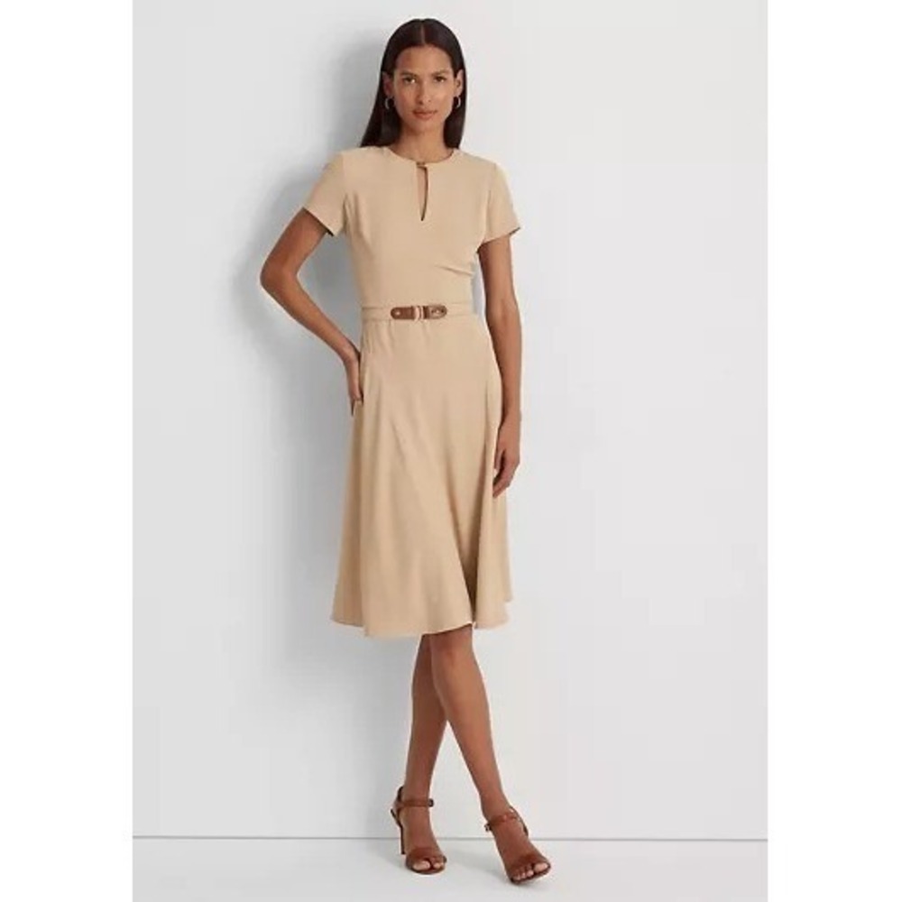 Lauren Ralph Lauren Tan Keyhole Fit and Flare Dress RL Logo Camel Short Sleeve